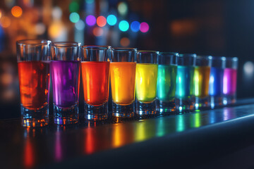 colorful liqueurs shot glasses bar bokeh