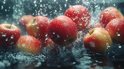 A bunch of ripe apples, with water droplets, falling into a deep black water tank 