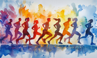 Dynamic silhouette of runners in vibrant watercolor style showcasing movement and energy.