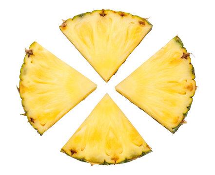 Four slices of pineapple radiating from the center isolated on transparent background