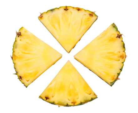 Four slices of pineapple radiating from the center isolated on transparent background