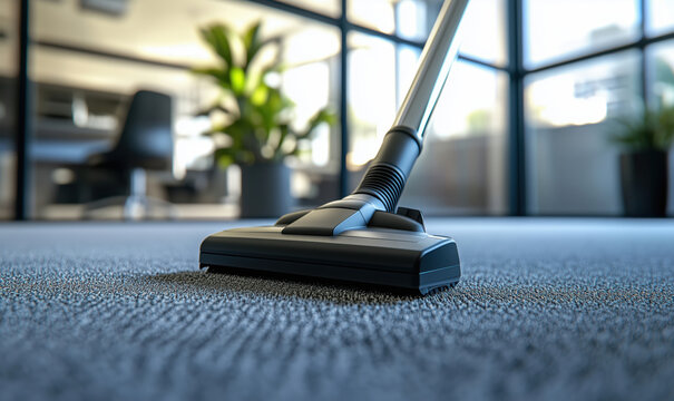 Vacuum cleaner on carpet in modern office environment with plants and natural light.