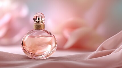 Elegant round perfume bottle on silk Generative AI