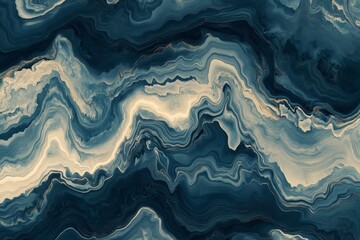 Fototapeta premium Abstract marbled pattern in deep blues, creams, and golds. Intricate flowing lines create a dynamic and mesmerizing design