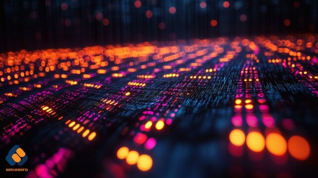 Abstract digital network with flowing binary code and glowing nodes representing financial technology innovation background 
