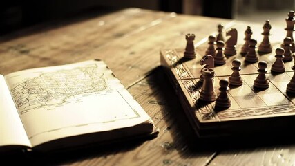 A Wooden Chess Set and an Open Book on a Rustic Table: An Engaging Scene for Lovers of Strategy Games and Literature