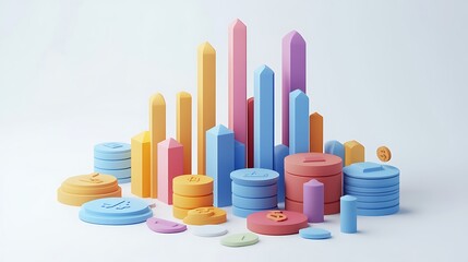Flat 3D scene showing financial portfolio breakdown with stacked bars, colored segments for stocks, real estate, mutual funds, each labeled with matching icons, minimal white background.