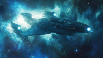 A futuristic spacecraft soaring through a starry nebula