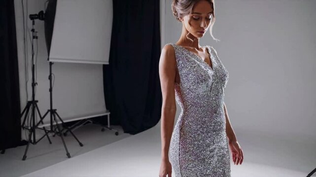 Elegant woman modeling in a sparkling silver dress in a studio setting  