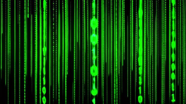 Abstract depiction of cascading green binary code on a dark background, evoking a digital environment