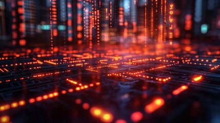 Fototapeta premium High-tech circuit board overlay with floating data symbols in a digital financial concept background 