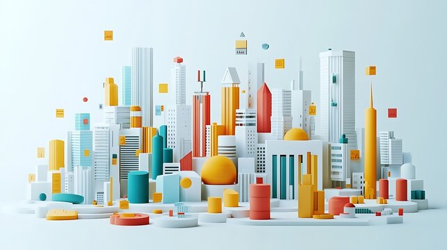 Investment portfolio overview in flat 3D style, horizontal stacked chart divided into stocks, real estate, mutual funds, each with color-coded sections and icons, minimalist white background.
