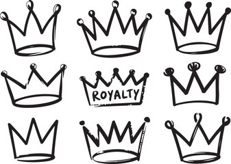 A set of nine hand-drawn crown icons in a bold, black outline style.