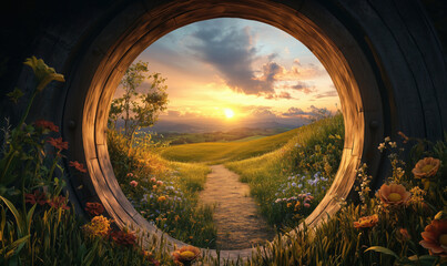 Scenic sunset view through a round wooden door in a vibrant meadow landscape.