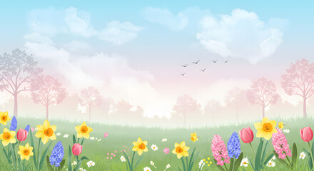 Spring Meadow: Pastel Hues and Blooming Flowers