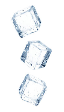 Three ice cubes falling isolated on transparent background