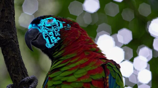 Colorful parrot with intricate digital circuit patterns on its face, set against a blurred natural background. The blend of nature and technology creates a striking visual contrast