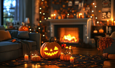 Fototapeta premium Cozy Halloween Living Room Decor with Jack-o'-Lanterns and Warm Fireplace Ambiance.