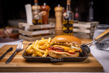 Delicious hamburger with french fries