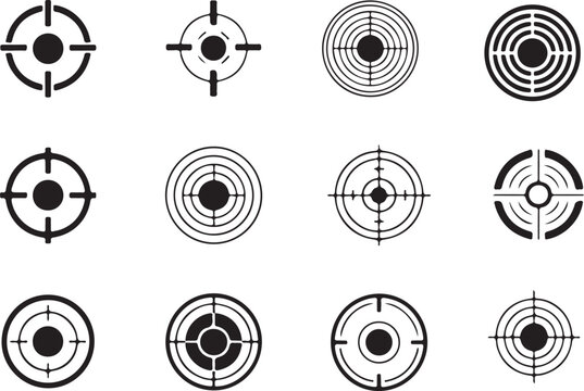 Black vector target crosshair silhouettes for precision, focus, and aiming themes in hunting or tactical graphic designs