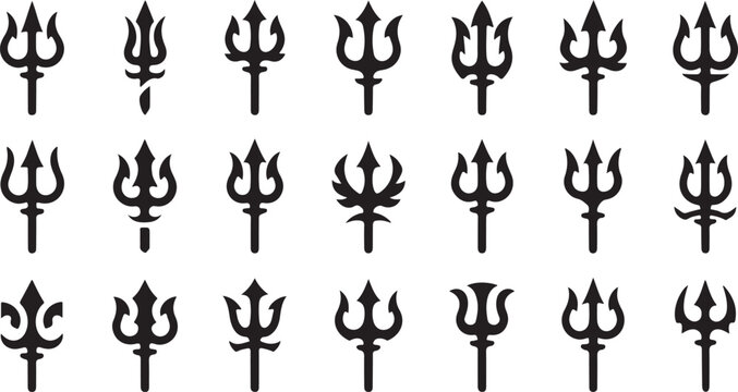 Mythological trident silhouettes in black vector art, perfect for nautical, Poseidon, and fantasy themed illustrations