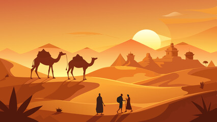 Desert Camel Silhouette at Sunset with Mosque and Pyramid – Scenic Landscape Illustration