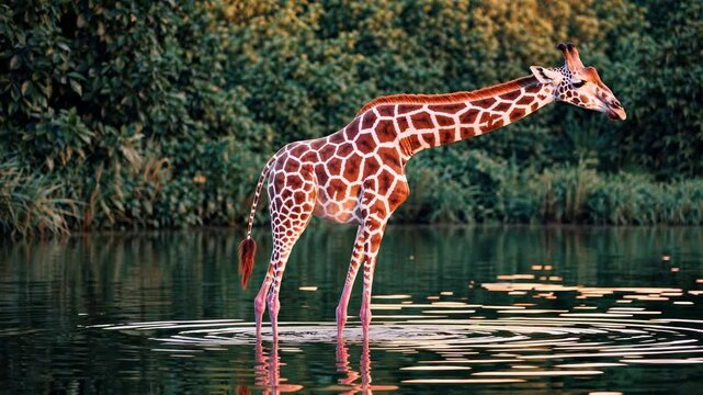 Reticulated giraffe wading in a river at sunset, creating ripples in the water, with lush green vegetation in the background, enjoying the refreshing coolness