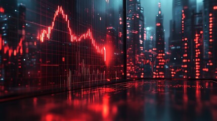 Fototapeta premium A conceptual finance image showing a bold red arrow falling across a jagged 3D chart, sleek glass buildings rising in a futuristic cityscape, reflective surfaces, ambient night lighting. --ar 16:9