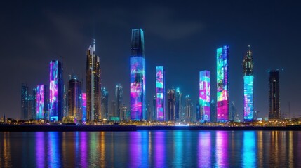 Fototapeta premium Modern skyline at night with futuristic towers lit by colorful LED patterns and digital signage