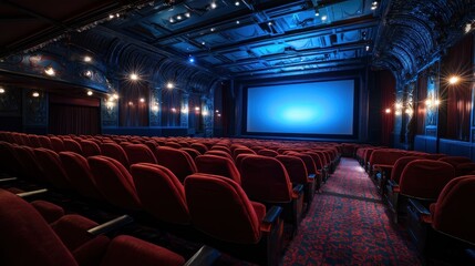 Naklejka premium People in the cinema auditorium with Cinema blank wide screen and red chairs in the cinema hall,People silhouettes watching movie performance,empty white screen,space for text,copy space.