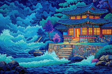 Obraz premium Nightly Korean temple overlooking a turbulent sea.