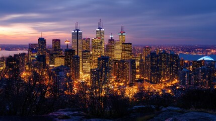 Fototapeta premium Skyscrapers glowing in golden lights at night, seen from a nearby hill with the whole city in view
