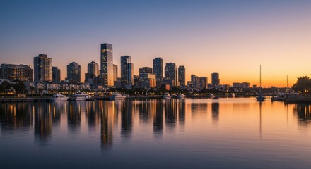 Fototapeta premium Stunning City Skyline Reflection on Water During Sunset in Urban Waterfront