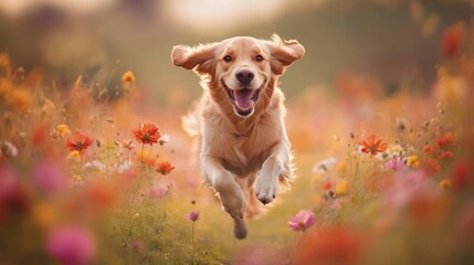 A joyful golden retriever runs freely through a vibrant flower field. The sun sets in the background, creating a warm and happy atmosphere. Generative AI