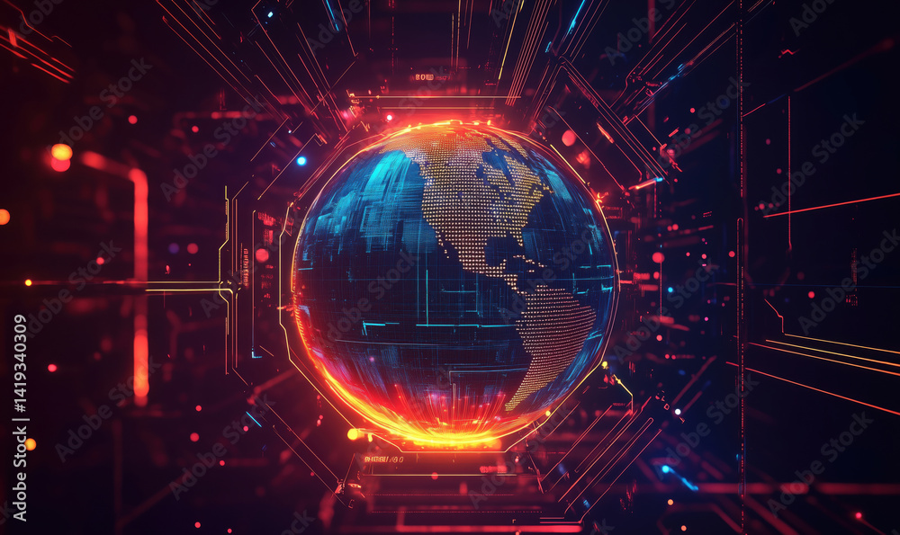 Poster futuristic digital globe with glowing circuits and data visualization elements.