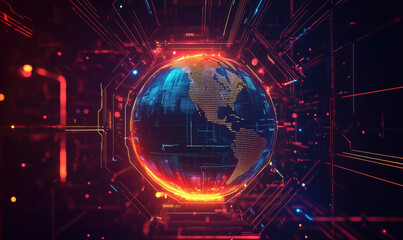 Obraz premium Futuristic digital globe with glowing circuits and data visualization elements.