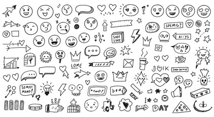 Smile brush hand drawn vector element set. Emoji fun face, heart, crown symbol crayon texture marker background kid sketch style hand drawn element. Color smiley face, arrow. Vector illustration