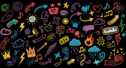 Hand drawn rock punk music star grunge heart doodle icon element set. Crayon brush stroke hand drawn line sketch style doodle rock punk star, heart shape. Crayon scribble music vector illustration 