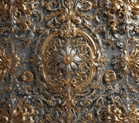 Obraz premium Intricate gold & silver floral baroque; swirling patterns, vintage style, rich texture, metallic, background