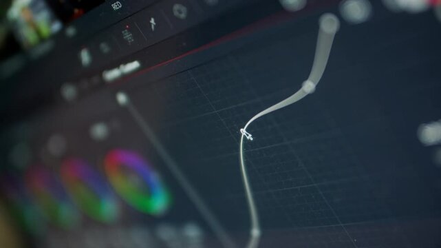 Curve node. Close up: screen monitor is a program for color correction of video and media. Color grading and editing in software. Tools for changing shade in the form of curved lines. cinematic movie