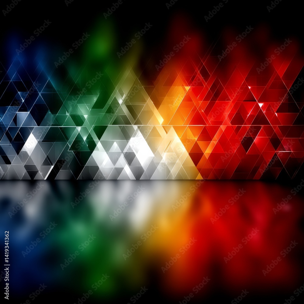 Leinwandbilder abstract geometric pattern: reflective triangles with rainbow gradients on dark background