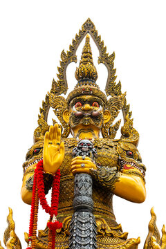 Thao Wessuwan is demon guardian, Vessavana isolate in white background, Thai Giant golden statue with clipping path