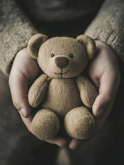Close-up of small hands gently holding a soft brown teddy bear. Cozy and nostalgic image evoking childhood, love, comfort, and emotional warmth