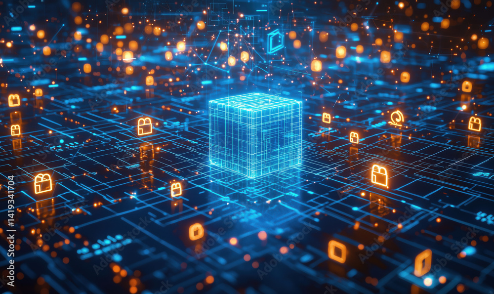 Poster futuristic digital blockchain cube surrounded by glowing icons and data connections.