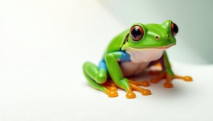 Obraz premium Green tree frog perched on white, vibrant skin details, background, animal photography, green frog