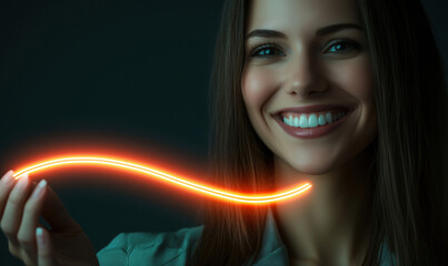 Obraz premium Smiling woman holding glowing orange line in dark background, showcasing creativity and joy.
