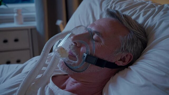 Elderly man peacefully sleeping with a CPAP mask in a bedroom  