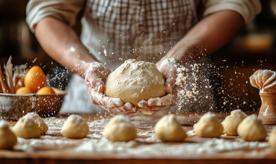 Baker preparing dough with flour in rustic kitchen setting for homemade bread.