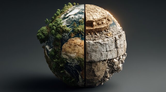 Two contrasting Earths side by side: one lush and green, the other cracked, barren and polluted. Separate lighting, one side bright, the other dark.