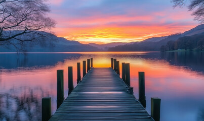 Fototapeta premium Stunning sunset over tranquil lake with wooden pier and vibrant sky reflections.